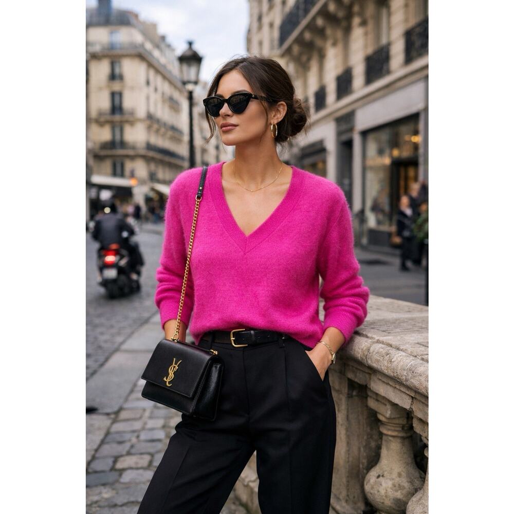 Dries Van Noten Hot Pink Soft Mohair Alpaca V-Neck Sweater Luxury Designer S